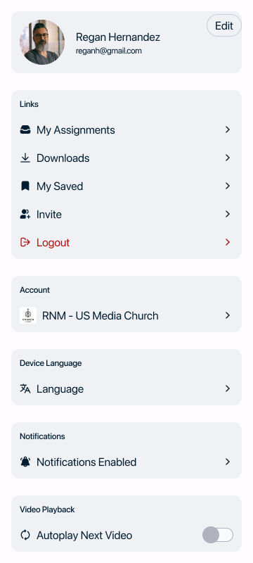 The settings screen in the RightNow Media app.