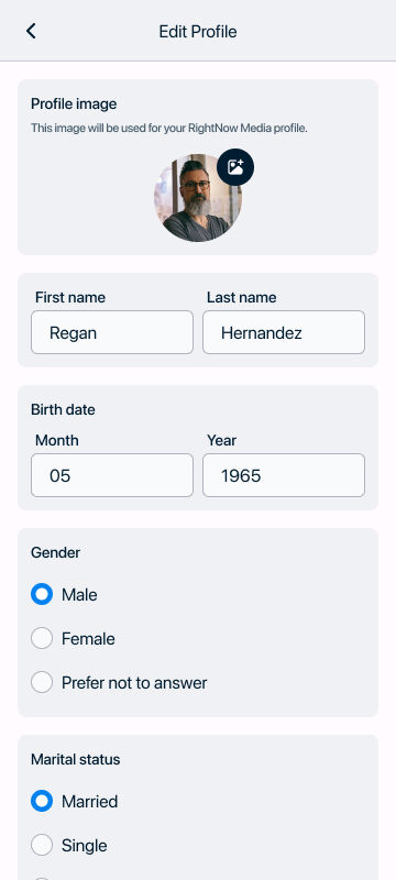 A page that lets the user edit their profile in the RightNow Media app.