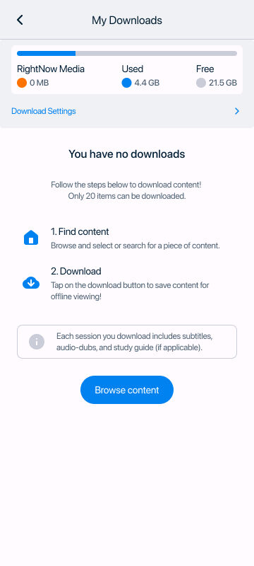 Empty state for the My Downloads page in the RightNow Media app.