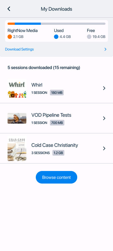 A list of downloaded content for offline playback in the RightNow Media app.