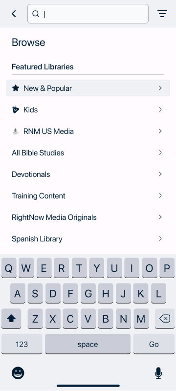 The RightNow Media app Browse page with a list of libraries.