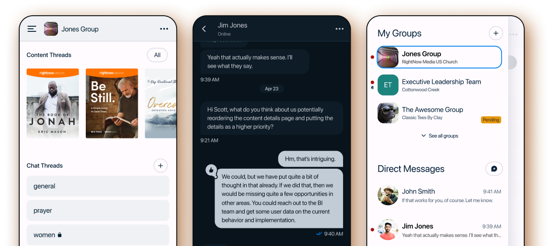 Screenshots of a varity of screens of the new small group chat feature.